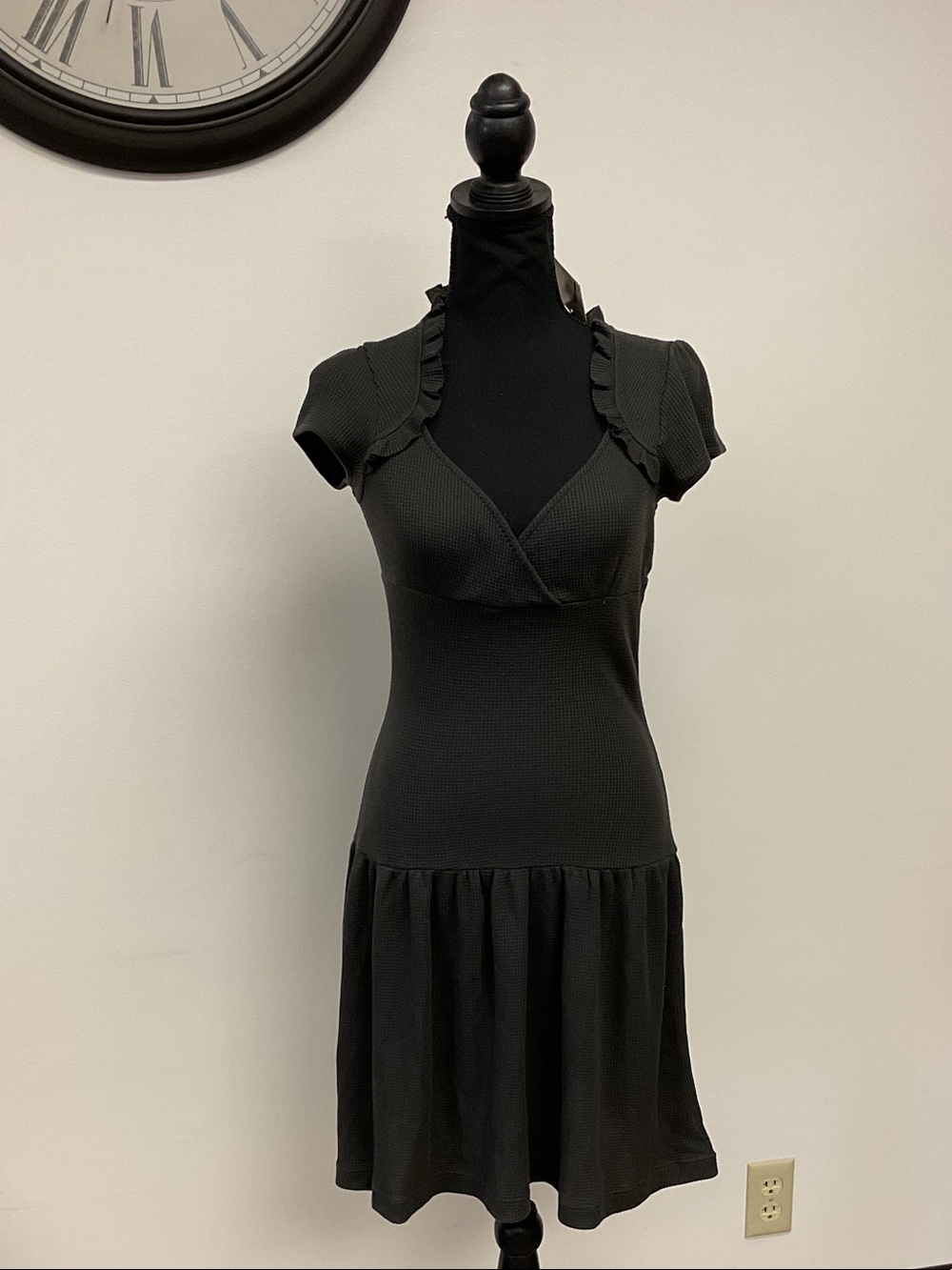 Free People Black Short-Sleeve Ruffle V-Neck Fit-and-Flare Dress